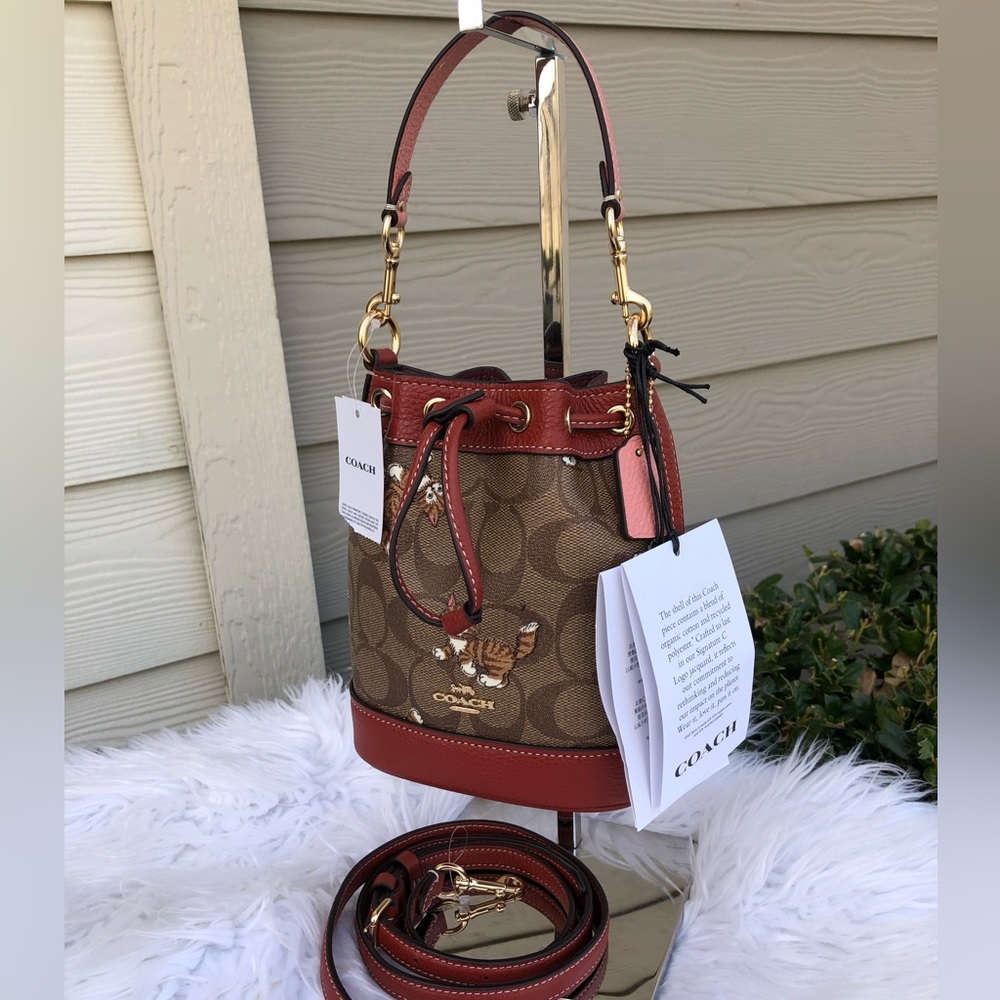 New 🎀 Coach Mini Dempsey Bucket Bag In Signature Canvas With Kitten Print Cat - Picture 5 of 15